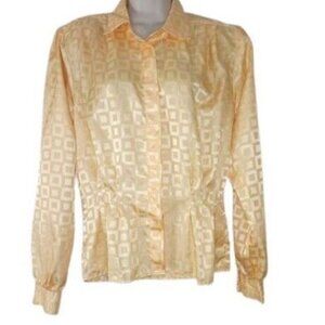 Vintage Joan Harper Womens Blouse Yellow Geometric Button Front Satin Pleated 12